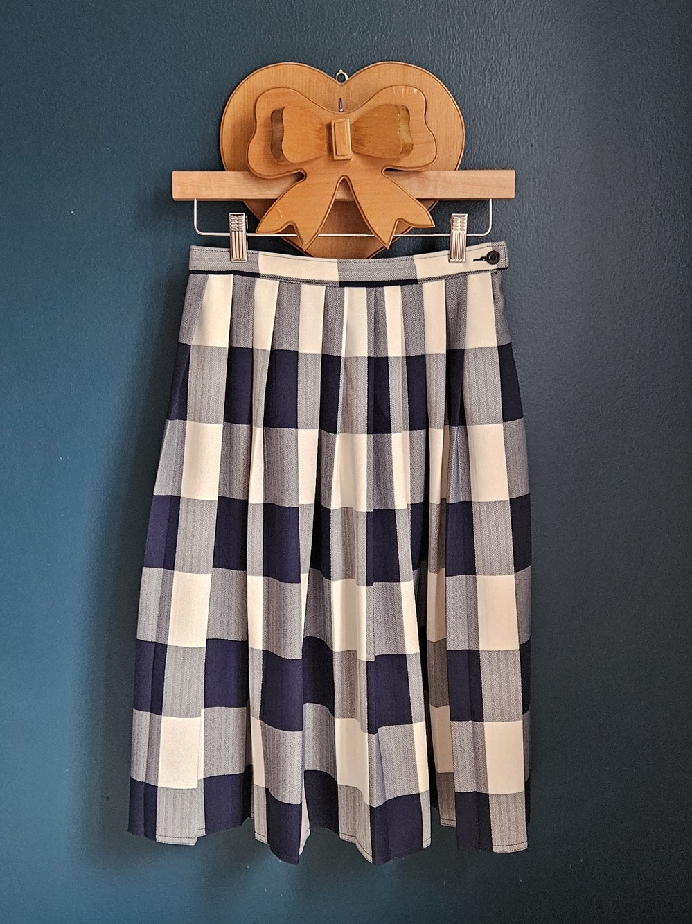 Vintage Plaid Navy & Cream Pleated Midi Skirt